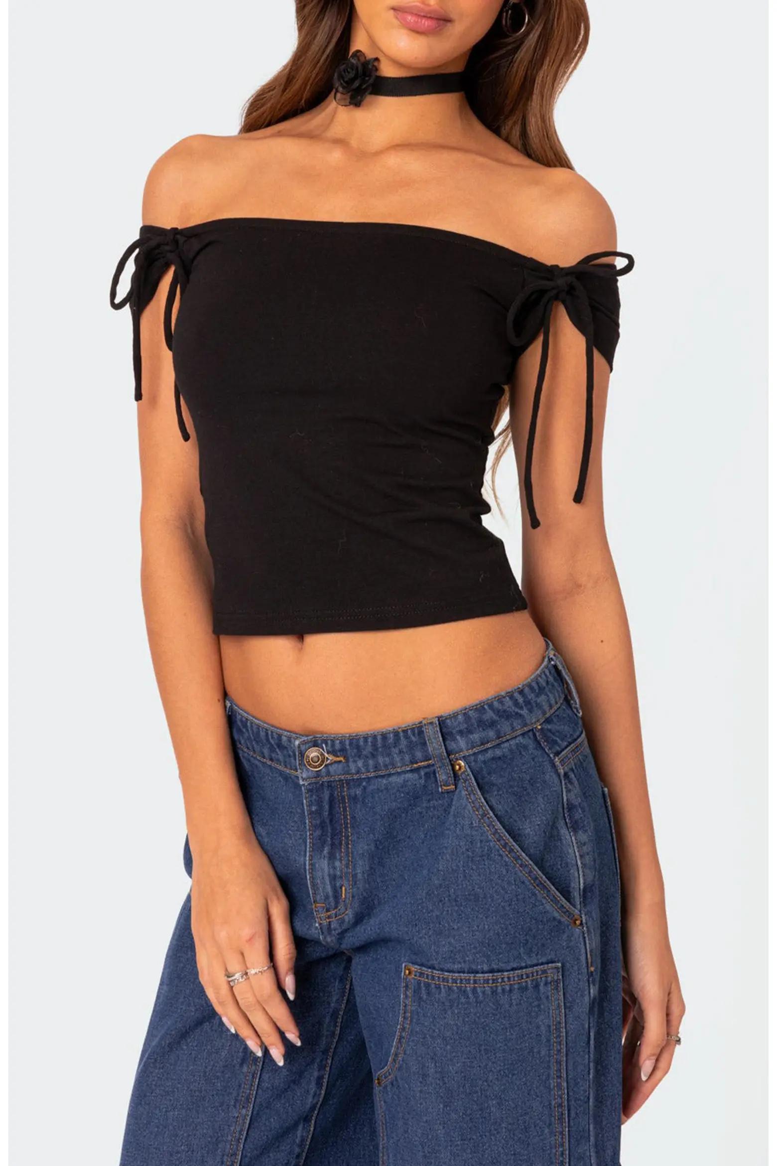 Black Tie-Sleeve Off-Shoulder Top