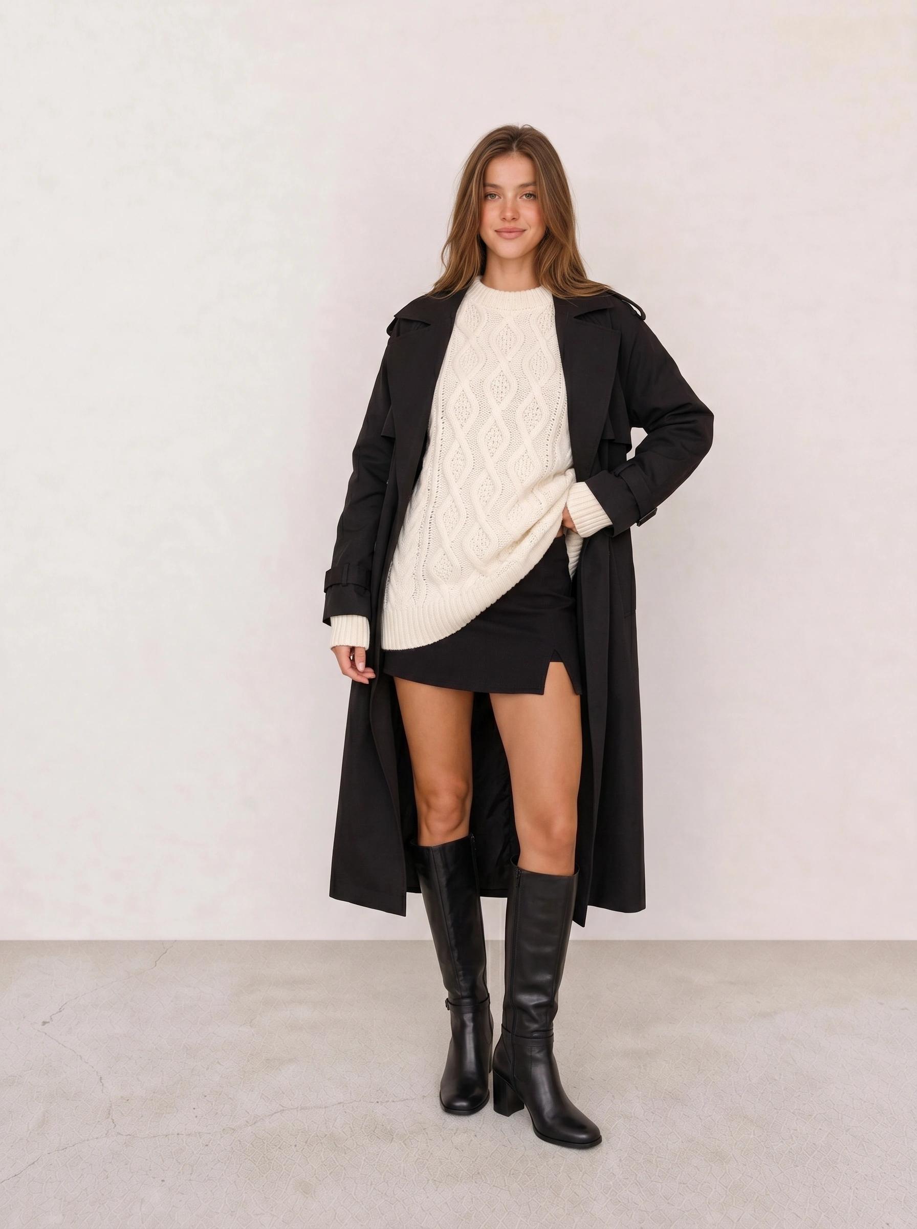 Black Trench Coat & Cream Cable-Knit Sweater