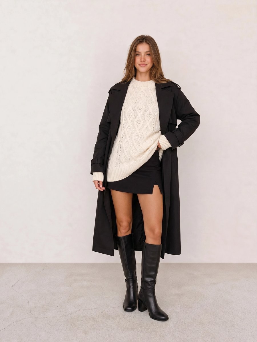 Winter outfit with a black trench coat, cream cable-knit sweater, black mini skirt, and black knee-high boots