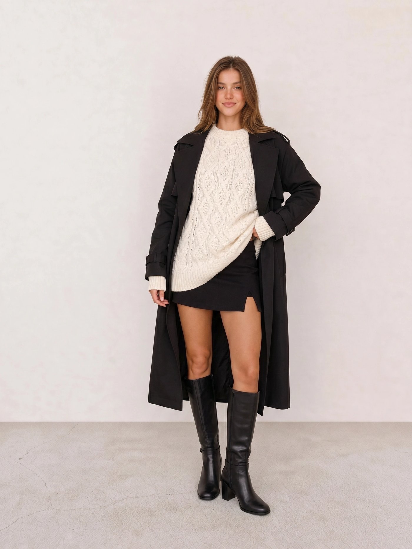 Black Trench Coat & Cream Cable-Knit Sweater