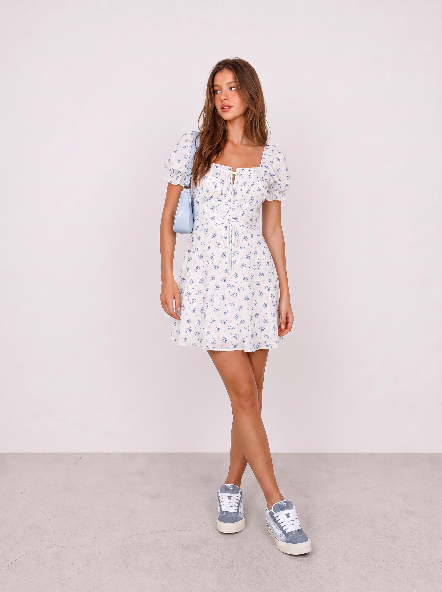 White Floral Mini Dress and Blue Sneakers Outfit
