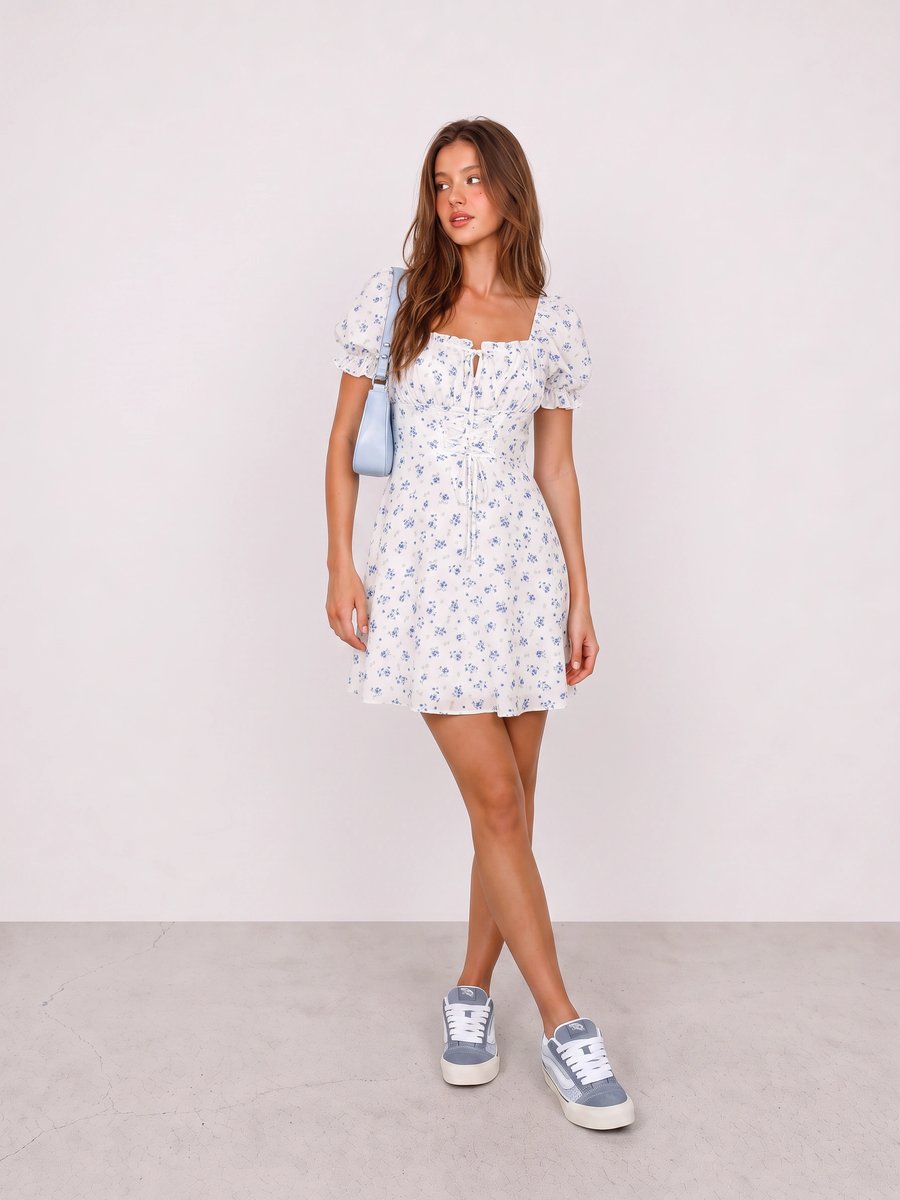 Woman wearing a white floral mini dress, blue sneakers, and a pale blue bag