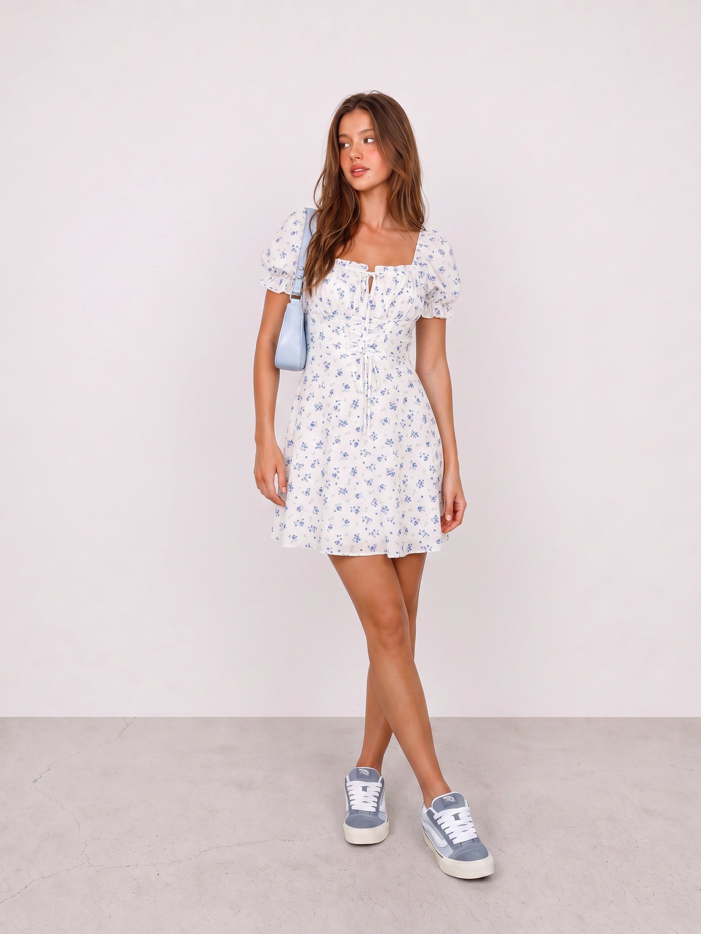 White Floral Mini Dress and Blue Sneakers Outfit