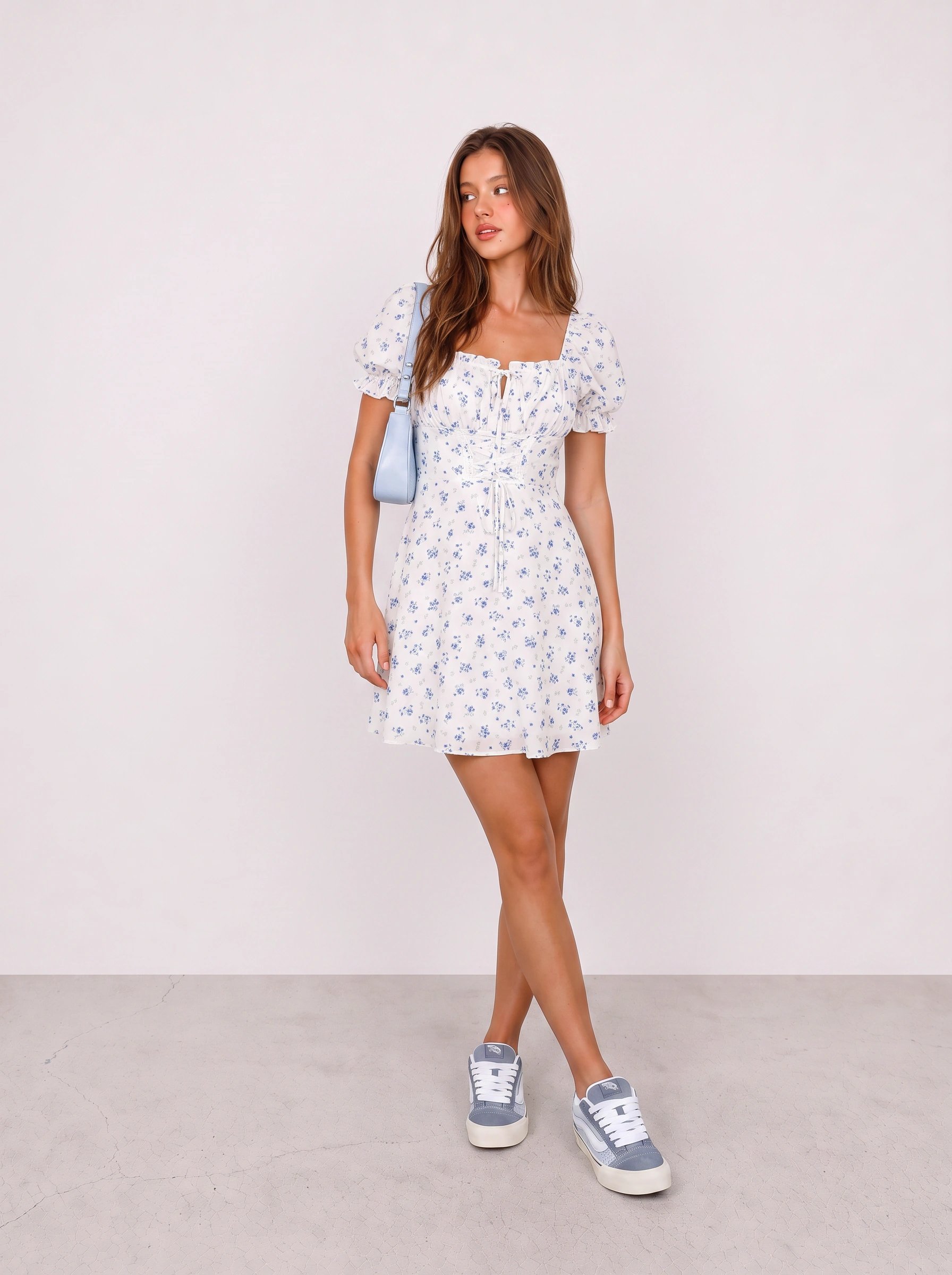 White Floral Mini Dress and Blue Sneakers Outfit