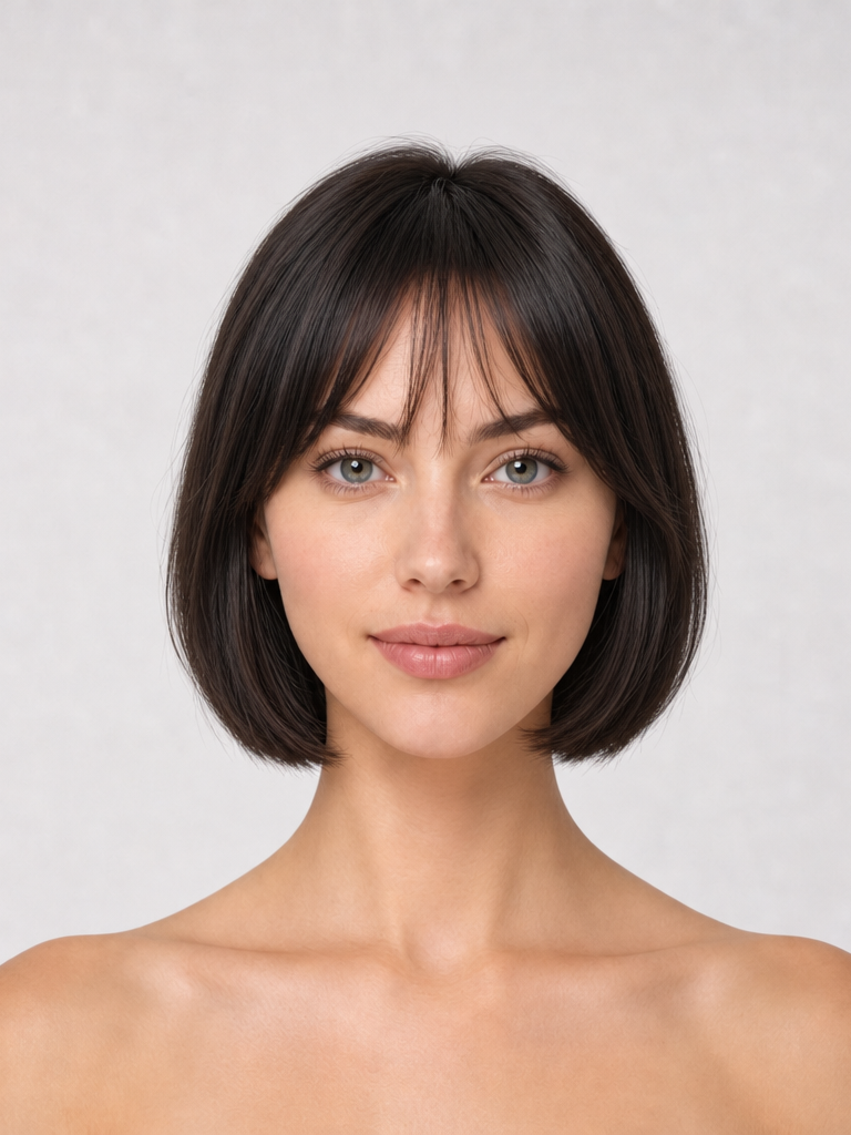 Woman with a blunt chin-length bob and full straight bangs, front view