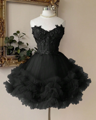 Black Lace Bodice Tulle Ruffle Mini Dress