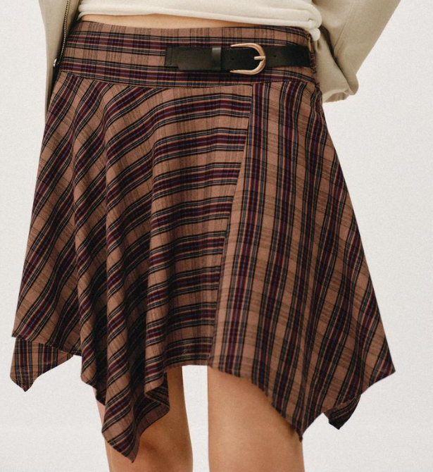 Burgundy Plaid Asymmetric Mini Skirt
