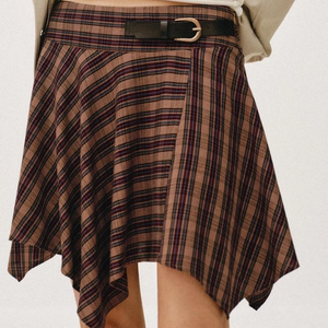 Burgundy Plaid Asymmetric Mini Skirt