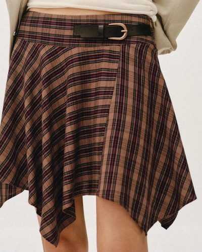 Burgundy Plaid Asymmetric Mini Skirt