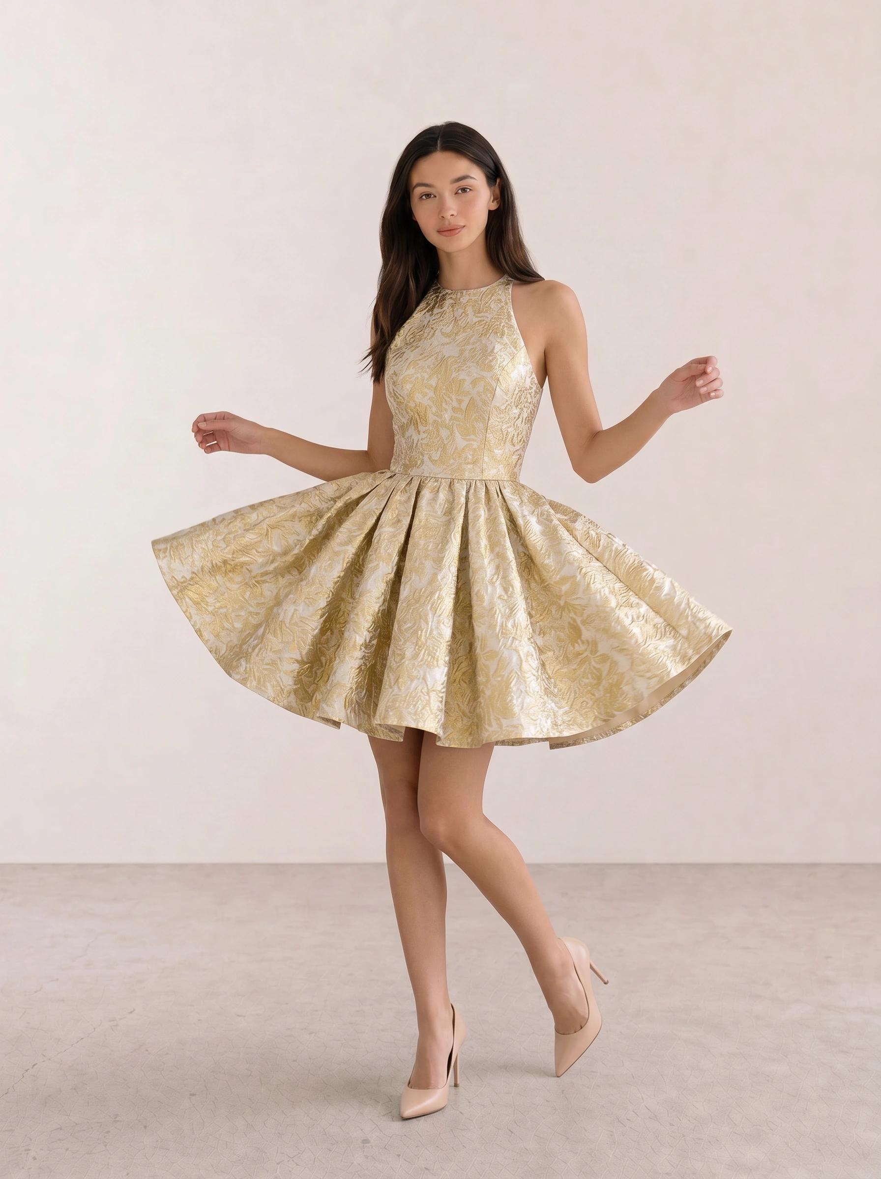 Gold Jacquard Fit-and-Flare Mini Dress
