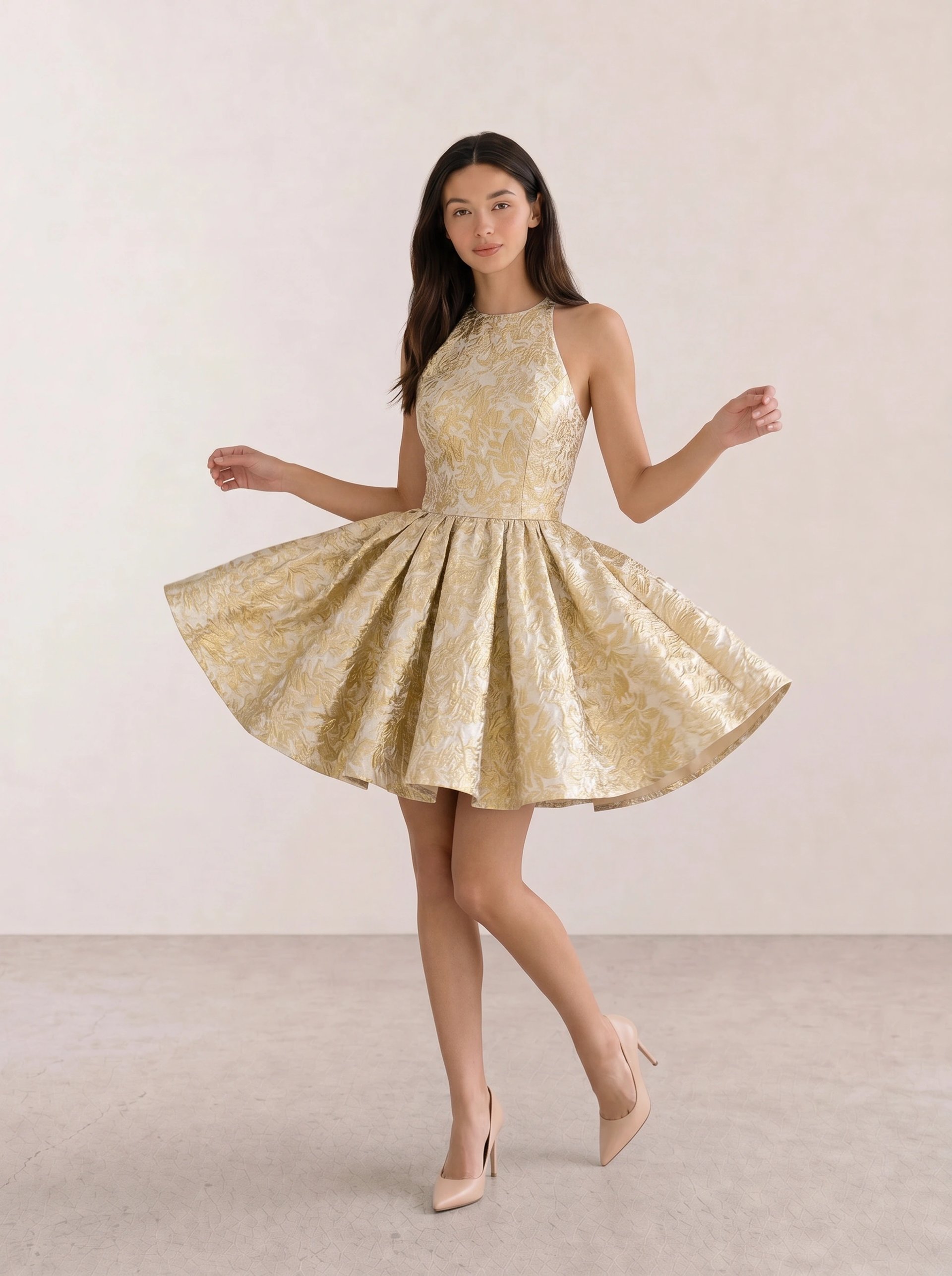 Gold Jacquard Fit-and-Flare Mini Dress