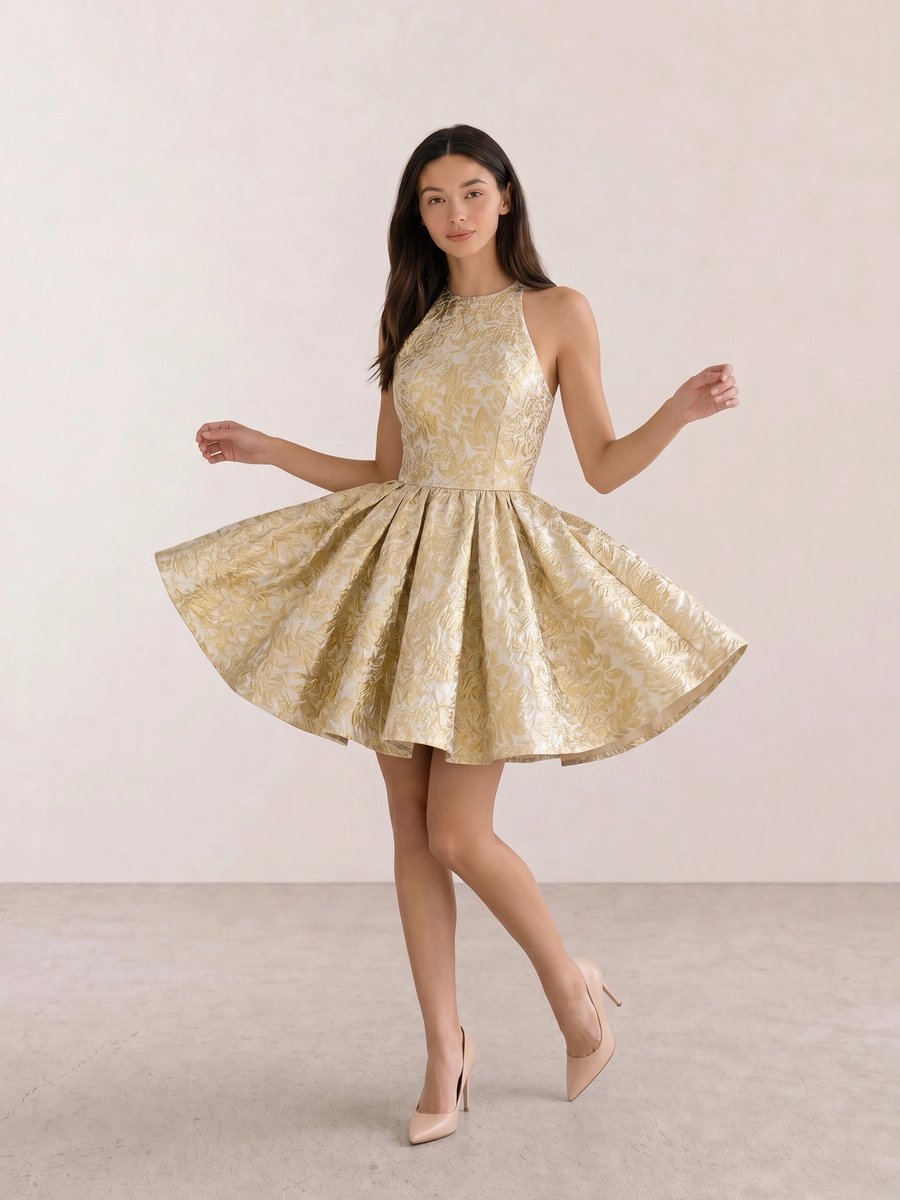 Goldenes Jacquard-Halter-Minikleid mit nudefarbenen Pumps mit spitzer Kappe