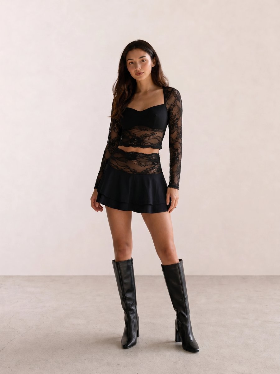 Black outfit with a lace-sleeve corset top, tiered ruffle mini skirt, and knee-high leather boots