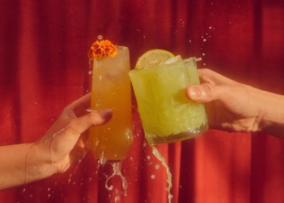 Two guests cheering with cocktails