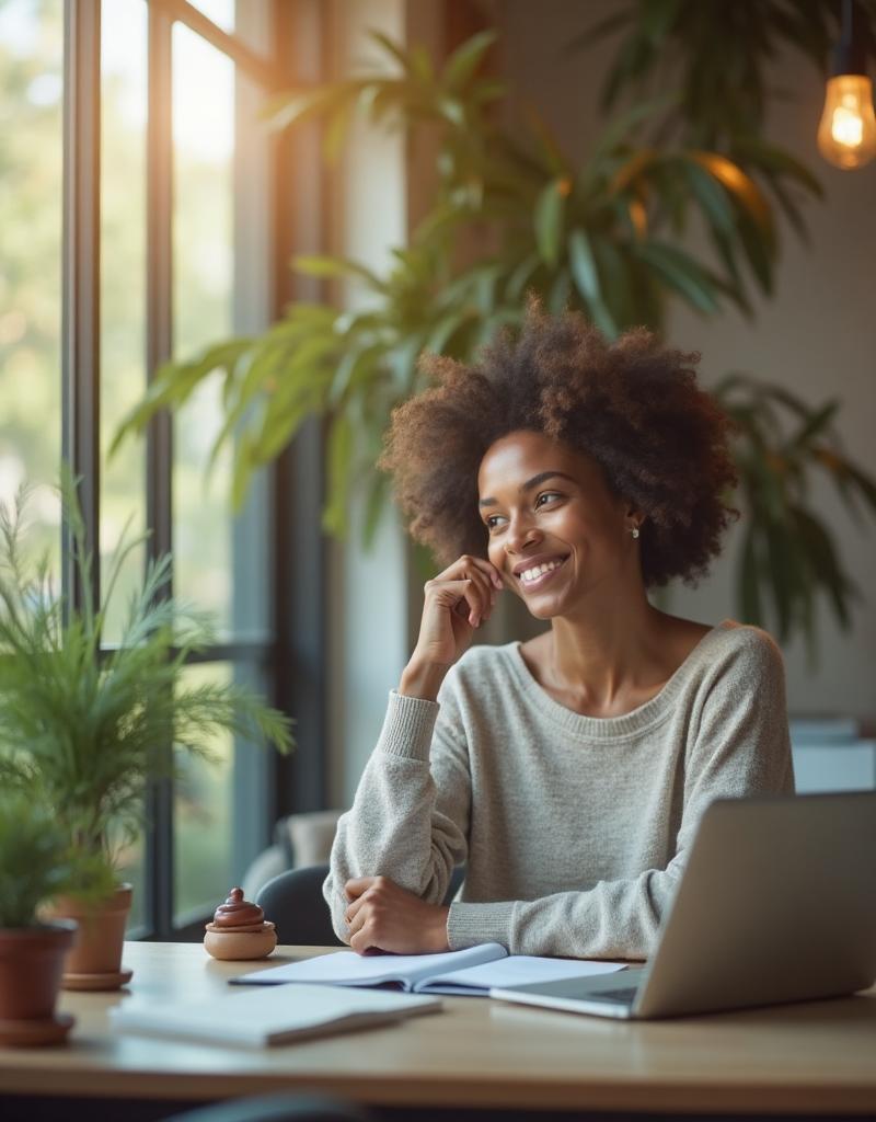 Personne en reconversion professionnelle, réflexion positive devant son ordinateur