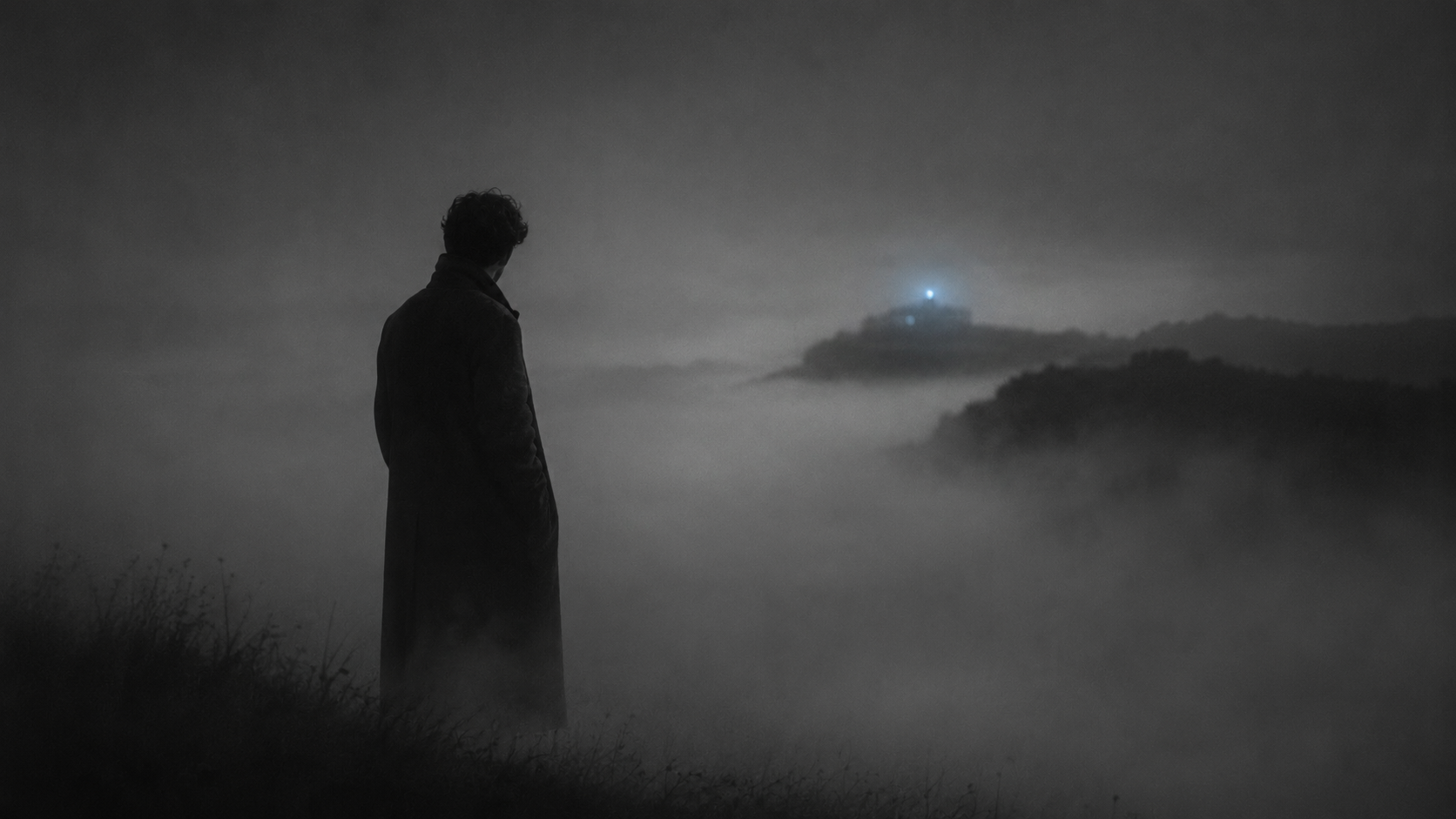 Solitary man in a long coat standing alone in heavy fog, head bowed toward a distant pale blue light, representing affair fog and limerence.