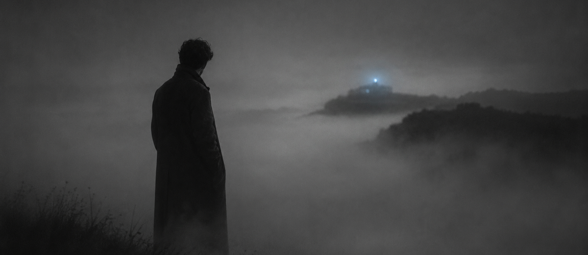 Solitary man in a long coat standing alone in heavy fog, head bowed toward a distant pale blue light, representing affair fog and limerence.