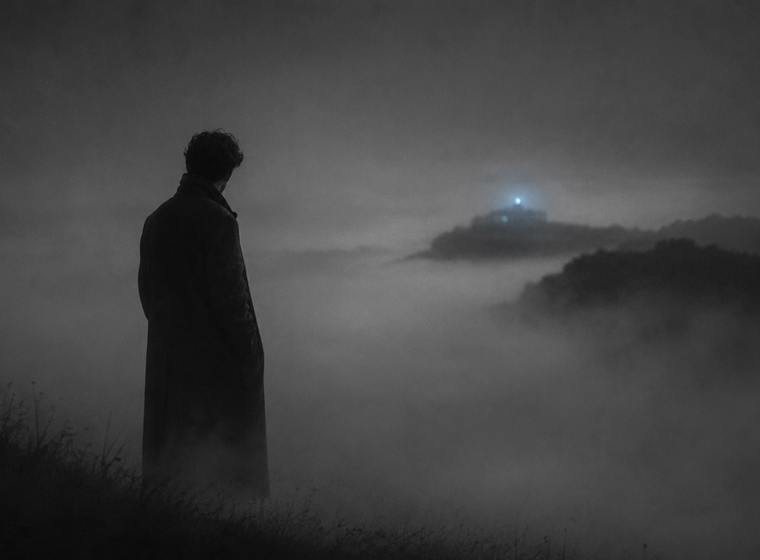 Solitary man in a long coat standing alone in heavy fog, head bowed toward a distant pale blue light, representing affair fog and limerence.