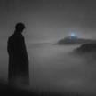 Solitary man in a long coat standing alone in heavy fog, head bowed toward a distant pale blue light, representing affair fog and limerence.