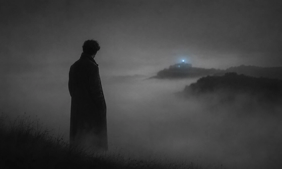 Solitary man in a long coat standing alone in heavy fog, head bowed toward a distant pale blue light, representing affair fog and limerence.