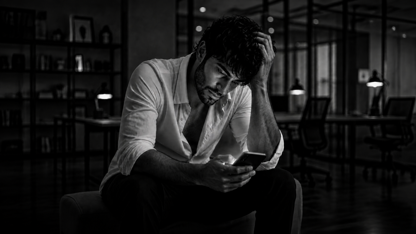 Man sitting alone in a dark office at night looking at his phone, illustrating depression and divorce
