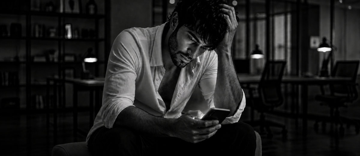 Man sitting alone in a dark office at night looking at his phone, illustrating depression and divorce