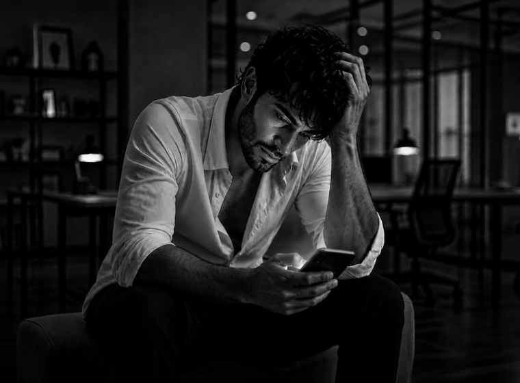 Man sitting alone in a dark office at night looking at his phone, illustrating depression and divorce