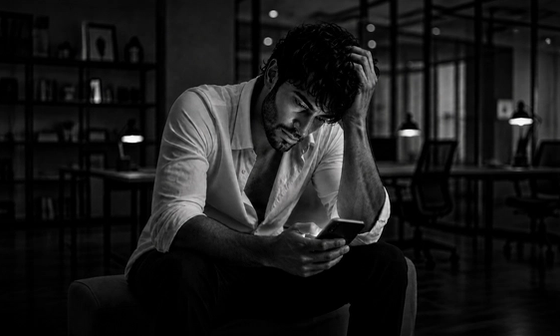 Man sitting alone in a dark office at night looking at his phone, illustrating depression and divorce
