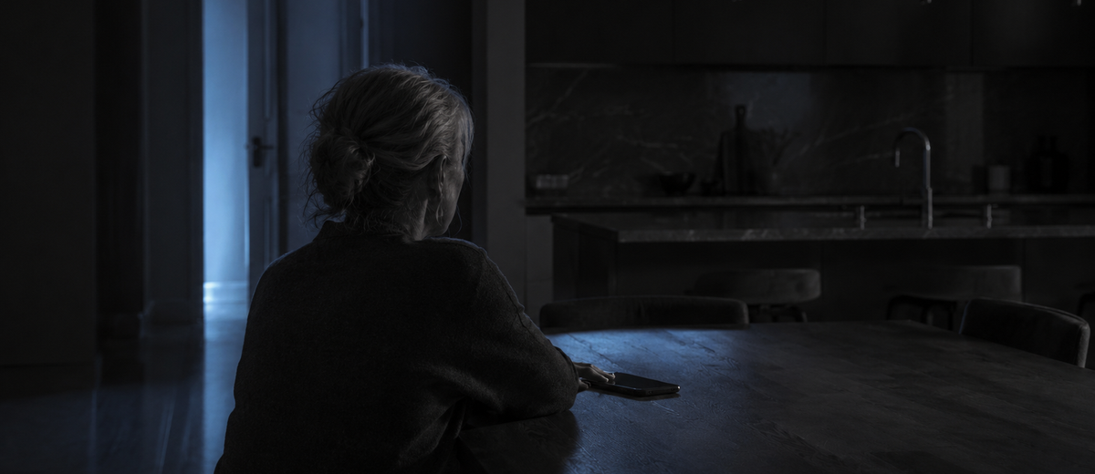 Person alone at a kitchen table at night after noticing signs of an emotional affair, phone face down beside them.