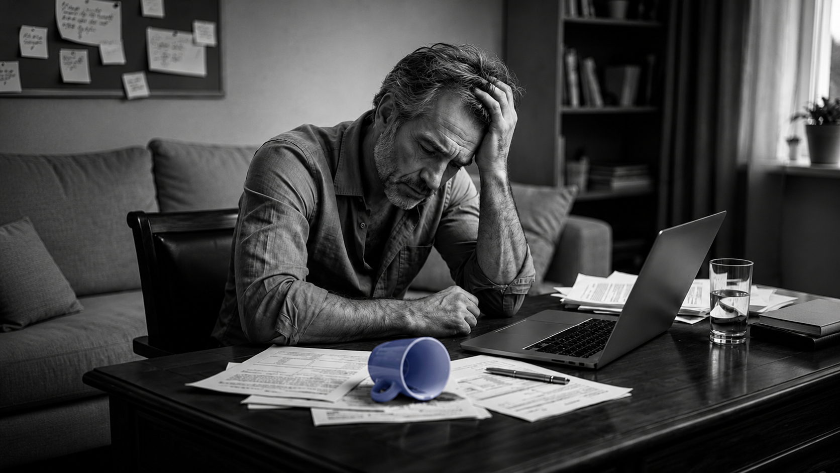 "Black and white photo of a stressed middle-aged man sitting at a desk, head in hand, looking down at paperwork and an open laptop, with a coffee mug and glass of water nearby."