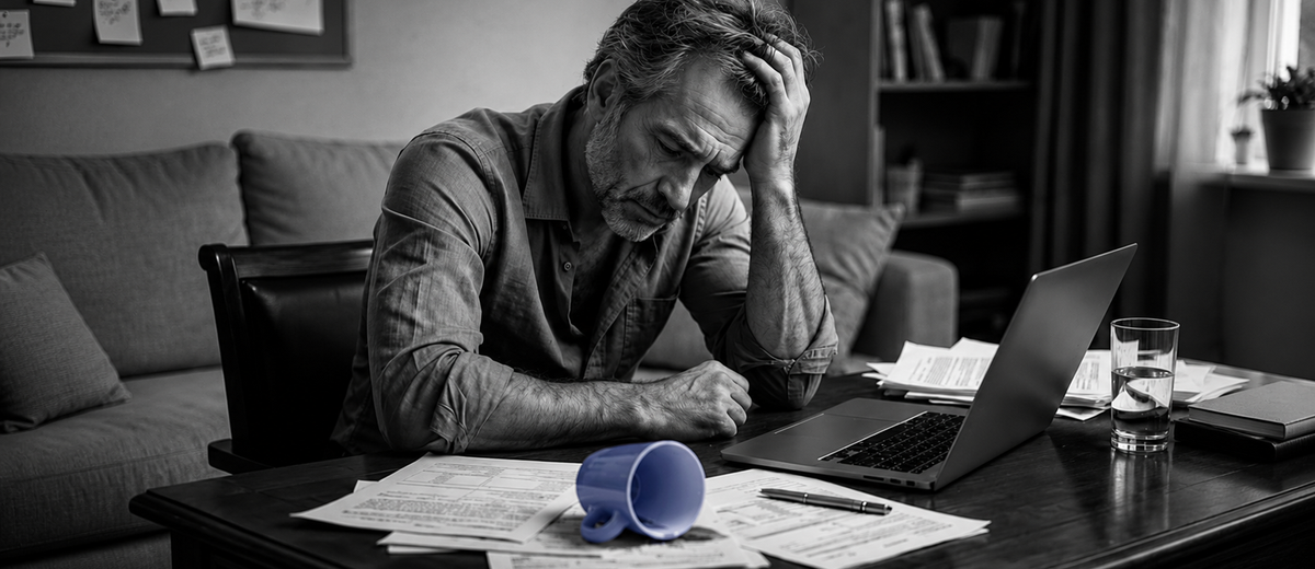 "Black and white photo of a stressed middle-aged man sitting at a desk, head in hand, looking down at paperwork and an open laptop, with a coffee mug and glass of water nearby."