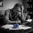 "Black and white photo of a stressed middle-aged man sitting at a desk, head in hand, looking down at paperwork and an open laptop, with a coffee mug and glass of water nearby."