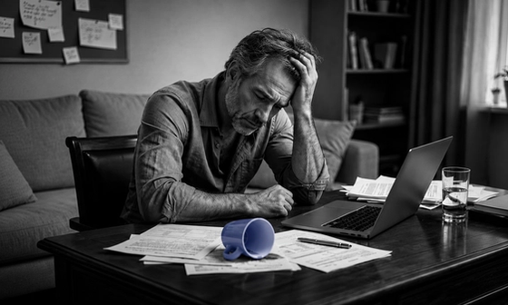 "Black and white photo of a stressed middle-aged man sitting at a desk, head in hand, looking down at paperwork and an open laptop, with a coffee mug and glass of water nearby."