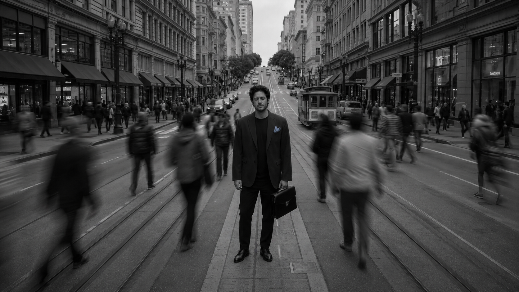 A still figure standing alone amid a rushing city crowd, evoking getting over infidelity and moving forward at your own pace.