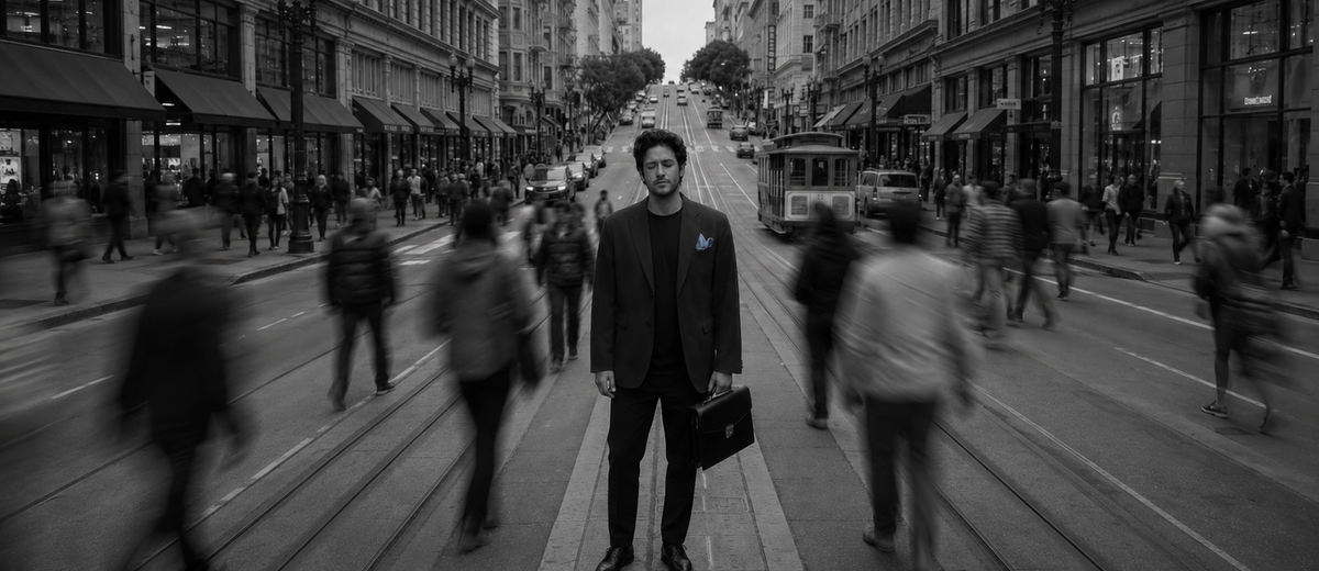 A still figure standing alone amid a rushing city crowd, evoking getting over infidelity and moving forward at your own pace.