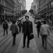 A still figure standing alone amid a rushing city crowd, evoking getting over infidelity and moving forward at your own pace.