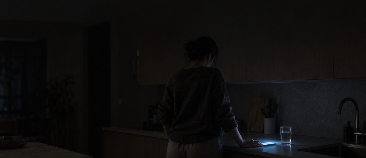 Woman awake alone in a dark kitchen with a phone glowing on the counter, illustrating the checking pattern described in relationship OCD.