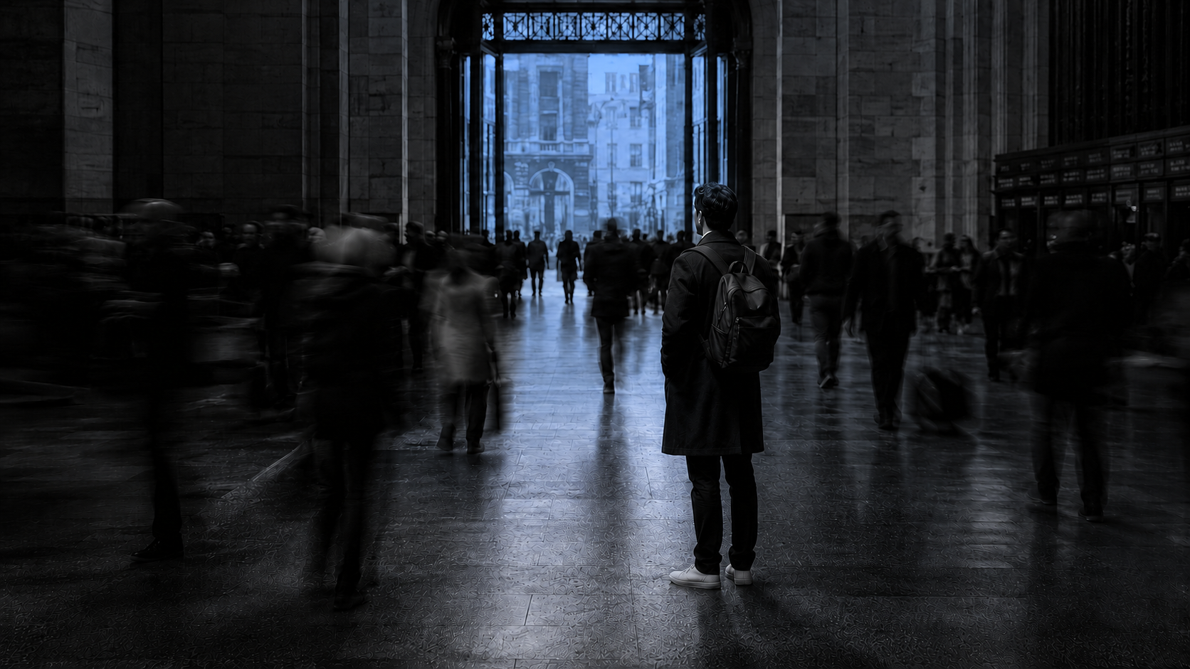 Man standing motionless in a blurred, moving crowd, illustrating the isolation emotional support is meant to address
