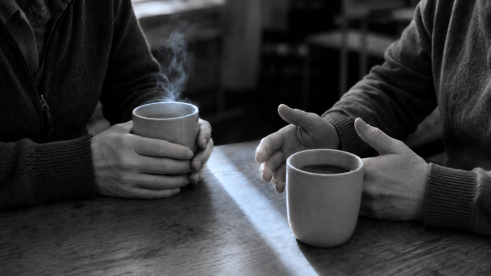 Two people talking over coffee at a wooden table after one of the divorce support groups near me
