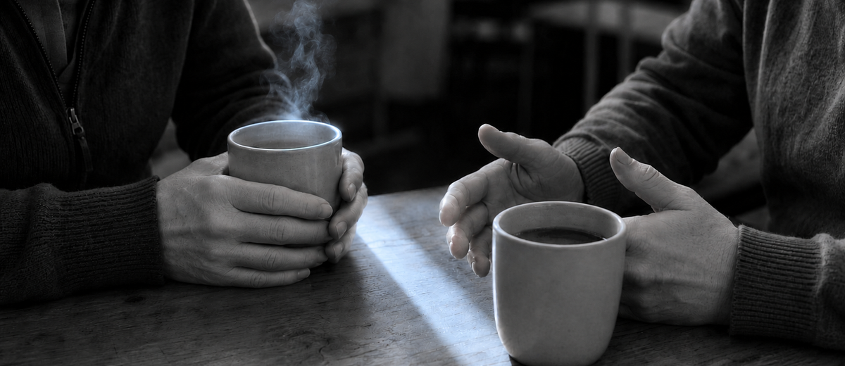 Two people talking over coffee at a wooden table after one of the divorce support groups near me