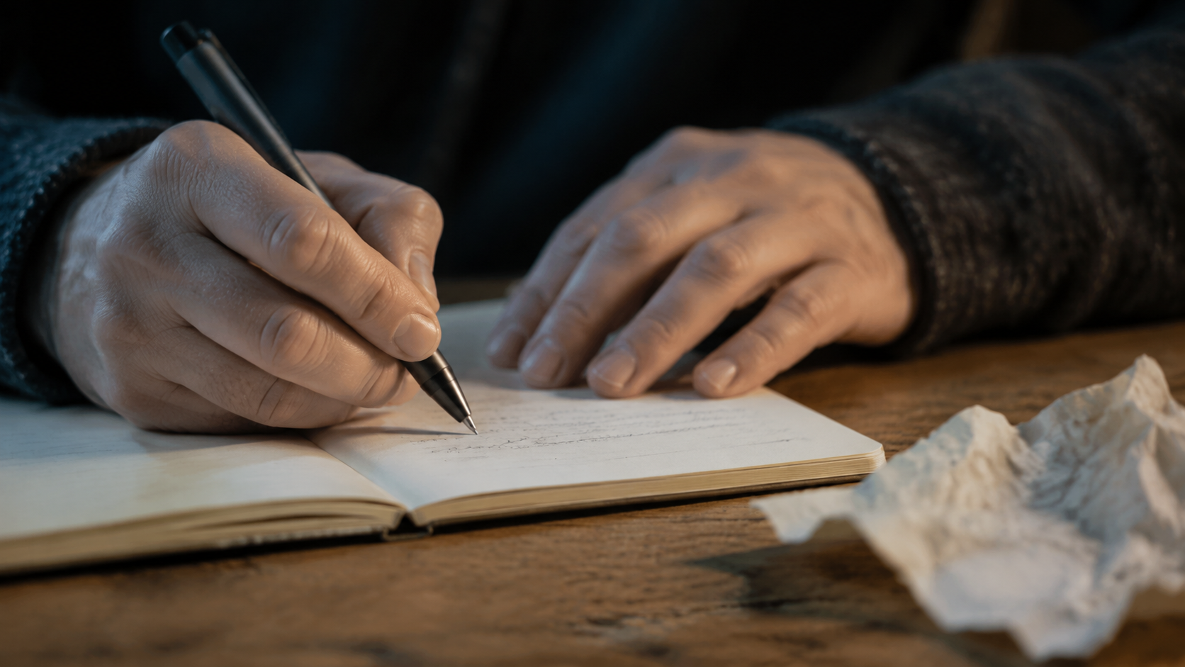 Hands writing in a private journal, one page torn and rewritten, forgiving yourself for cheating