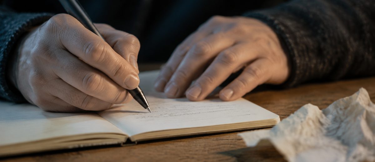 Hands writing in a private journal, one page torn and rewritten, forgiving yourself for cheating