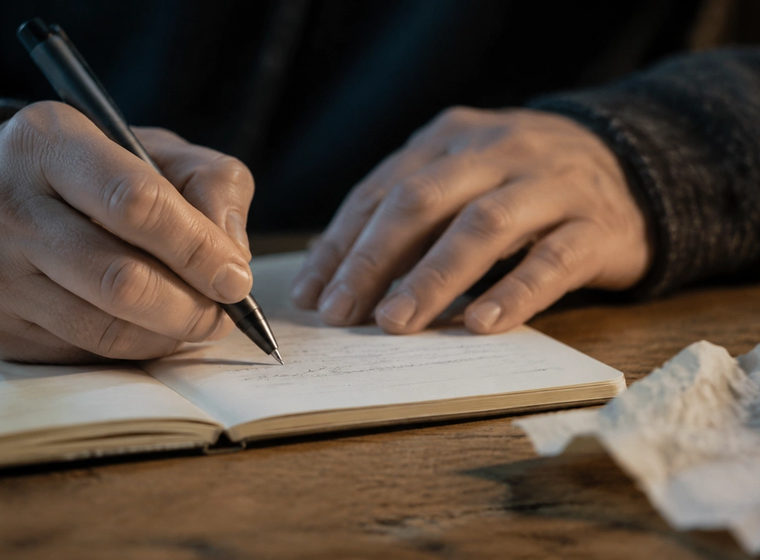 Hands writing in a private journal, one page torn and rewritten, forgiving yourself for cheating