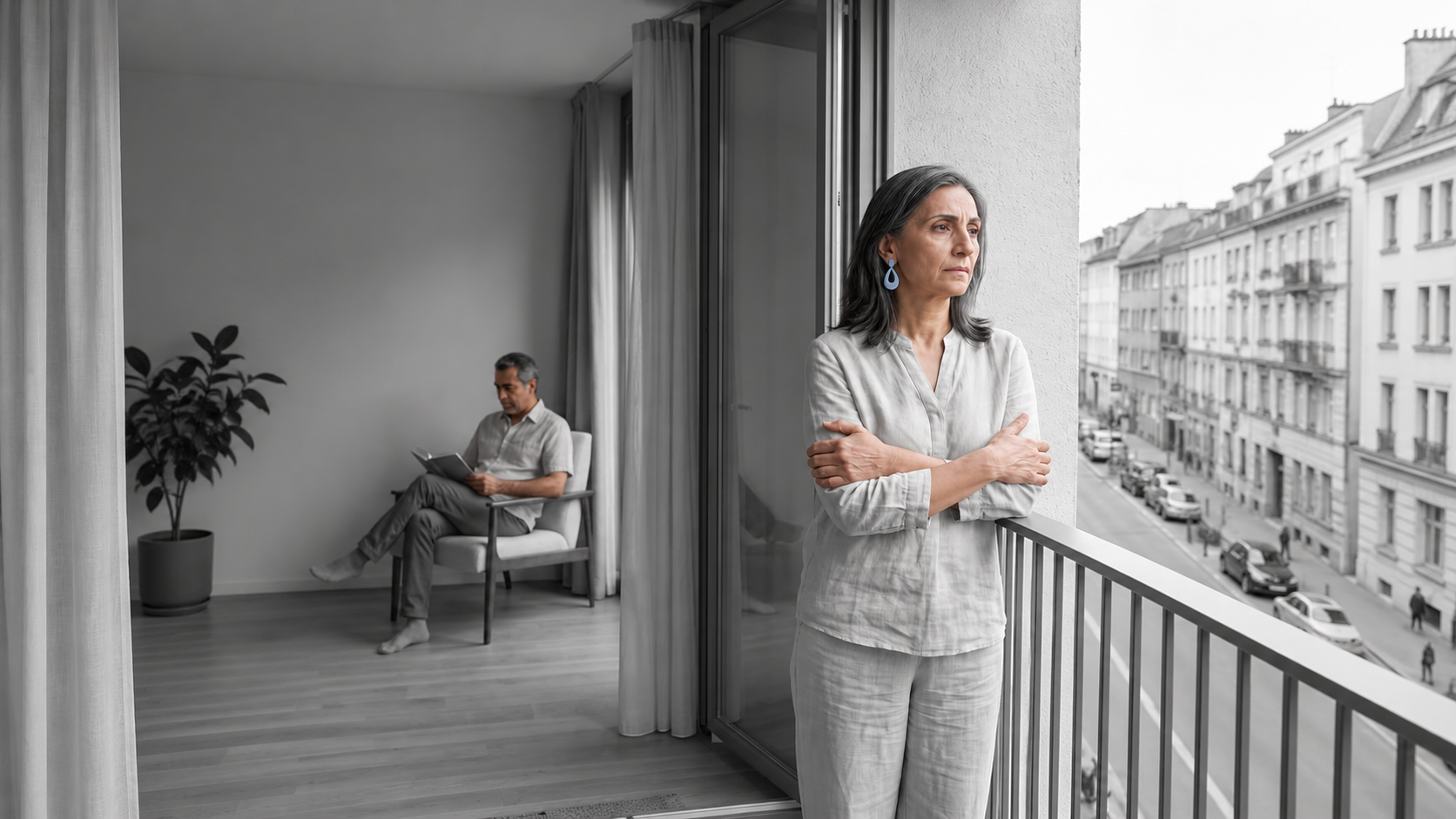 Woman looks away on a balcony as her partner reads apart from her, a pale blue earring the only color in the gray scene
