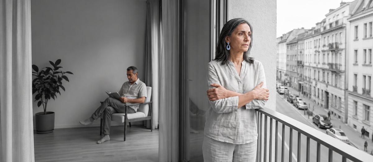 Woman looks away on a balcony as her partner reads apart from her, a pale blue earring the only color in the gray scene