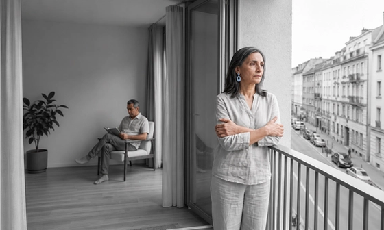 Woman looks away on a balcony as her partner reads apart from her, a pale blue earring the only color in the gray scene