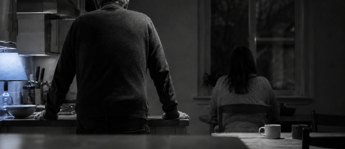 Older man and younger woman apart in a dim kitchen at night, illustrating the distance in age gap relationships