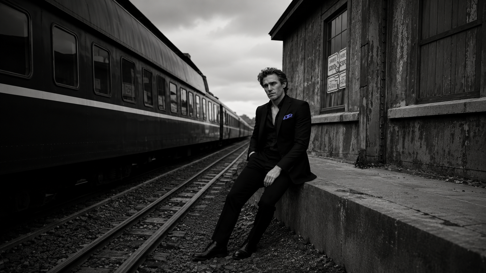 Man sitting alone by railway tracks in black and white, composed on the surface, conveying private reflection after an affair.