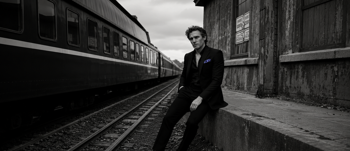 Man sitting alone by railway tracks in black and white, composed on the surface, conveying private reflection after an affair.