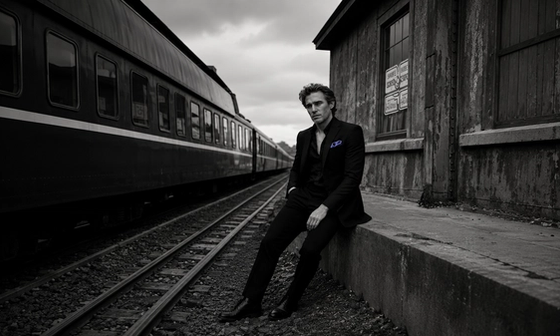 Man sitting alone by railway tracks in black and white, composed on the surface, conveying private reflection after an affair.
